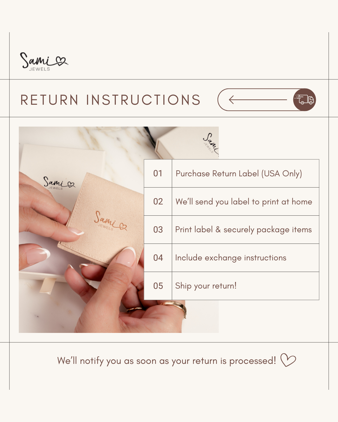 Sami return instructions with a hand holding a return label.