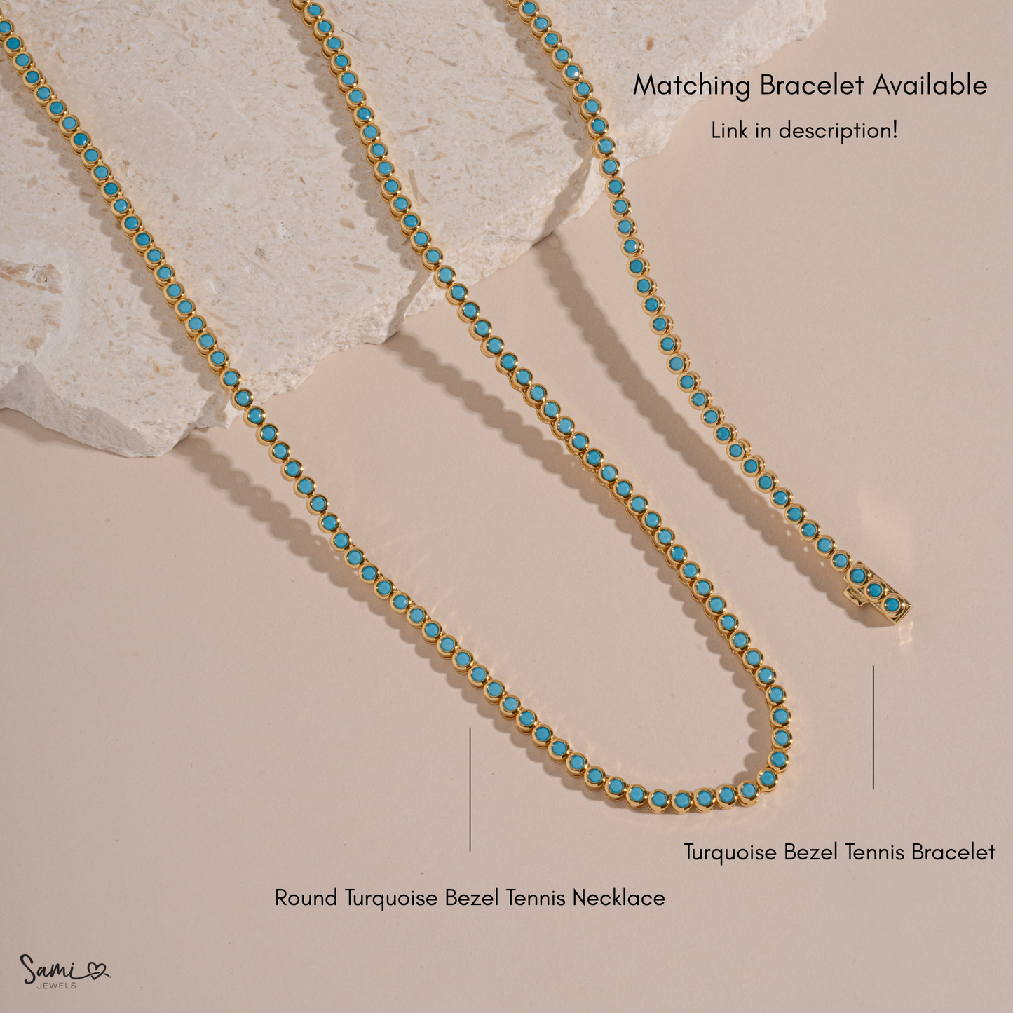 infographic showcasing our turquoise tennis chain design in a necklace and a bracelet
