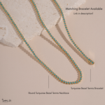 infographic showcasing our turquoise tennis chain design in a necklace and a bracelet