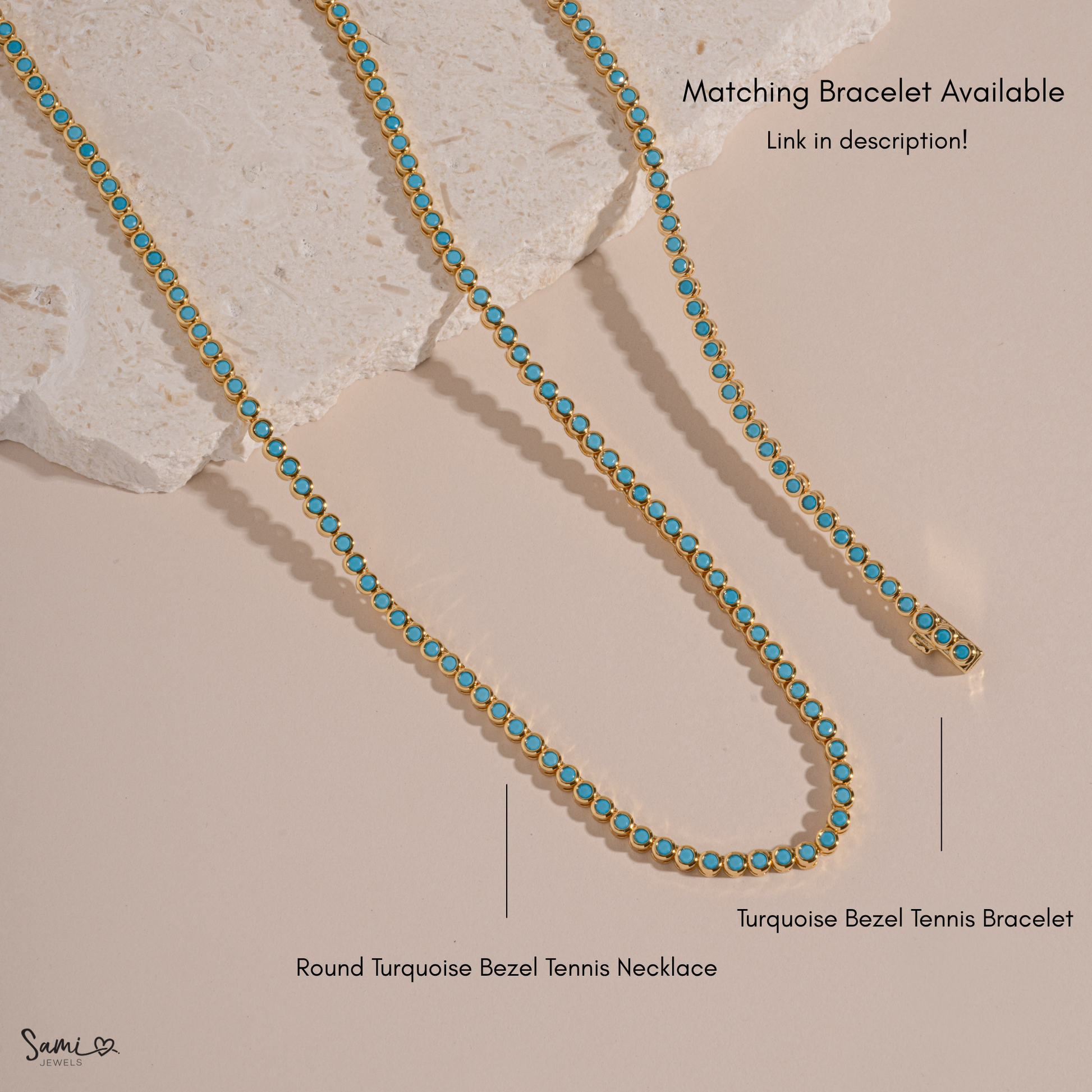 infographic showcasing our turquoise tennis chain design in a necklace and a bracelet
