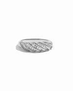 Silver croissant ring with multiple  baguette gemstones on a white background