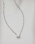 sterling silver chain necklace with halo baguette charm and paperclip chain
