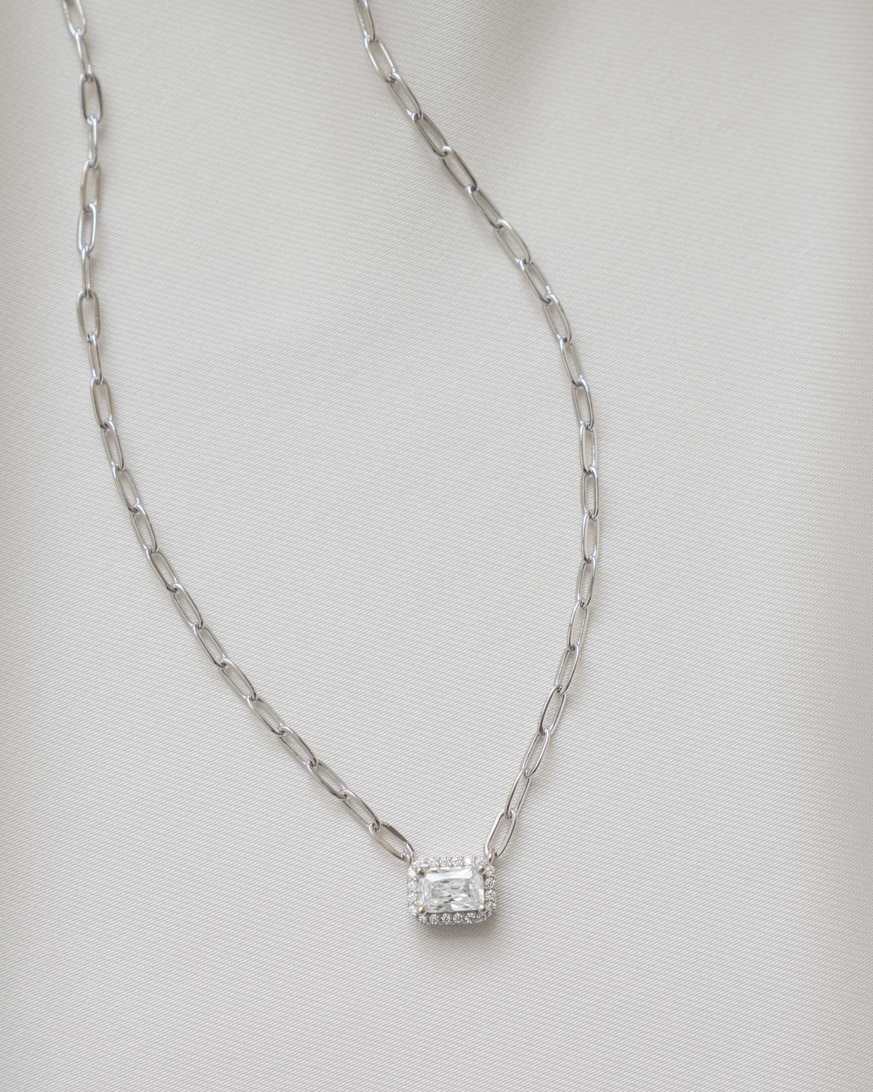 sterling silver chain necklace with halo baguette charm and paperclip chain