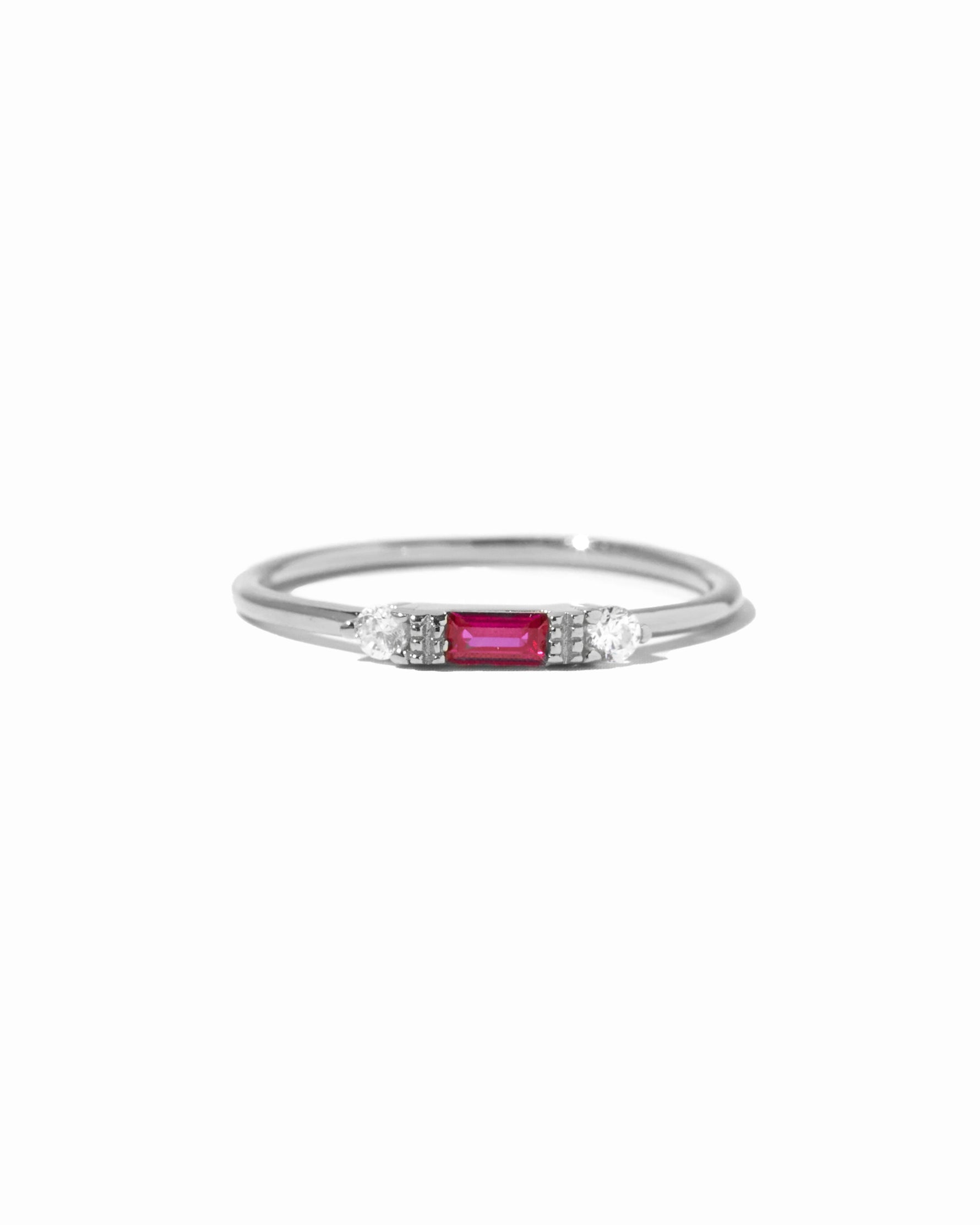 closeup image of sterling silver ruby baguette stacking ring
