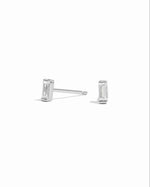 Silver baguette cut stud earrings on a white background