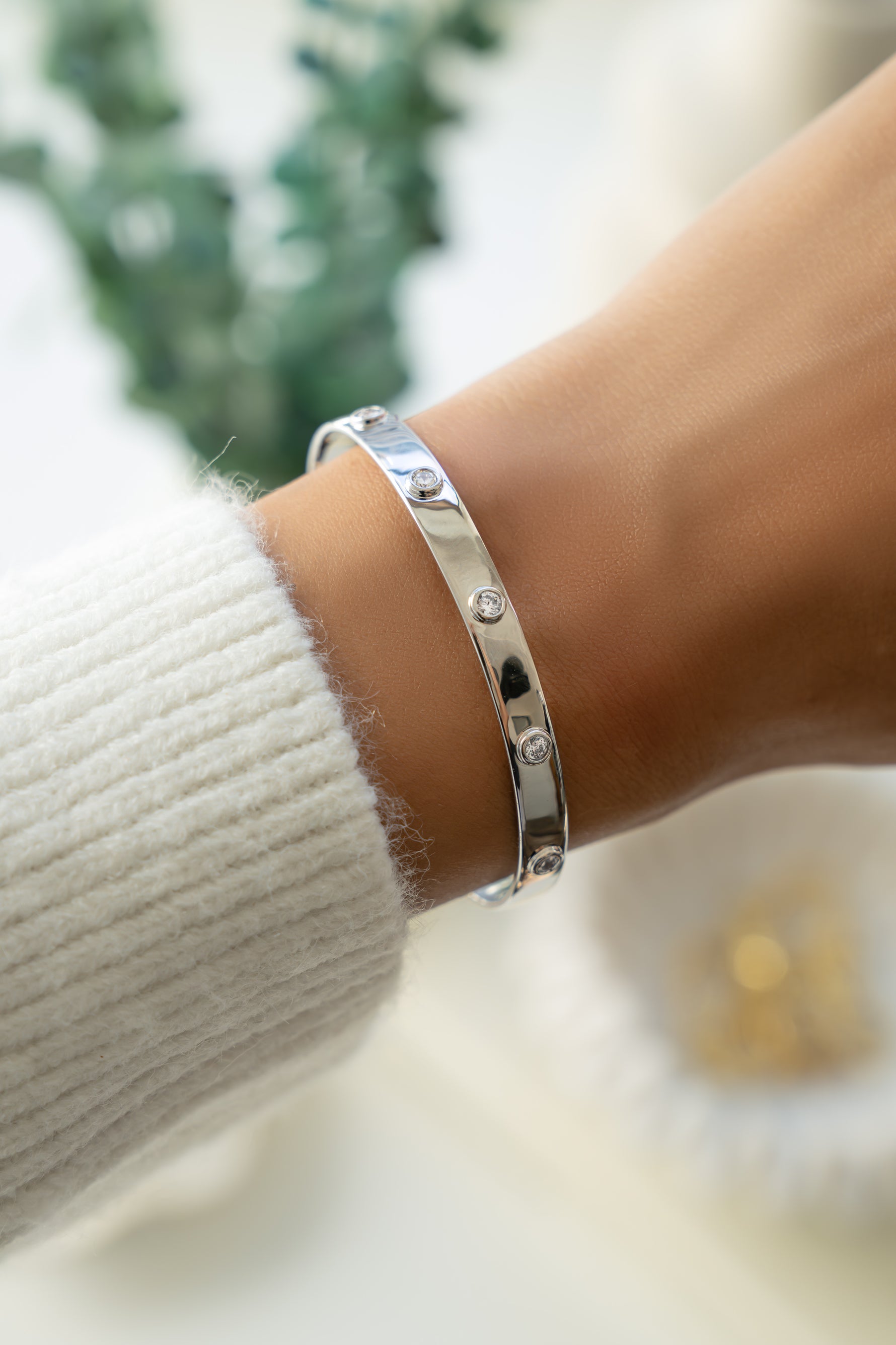 Silver cuff bangle bracelet on model