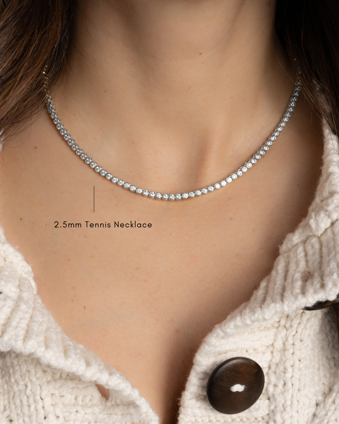 model wearing siver bezel tennis bracelet 
