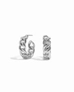 Pair of silver hoop chain earrings on a white background