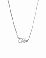Silver personalized necklace with 'Chloe' pendant on a white background