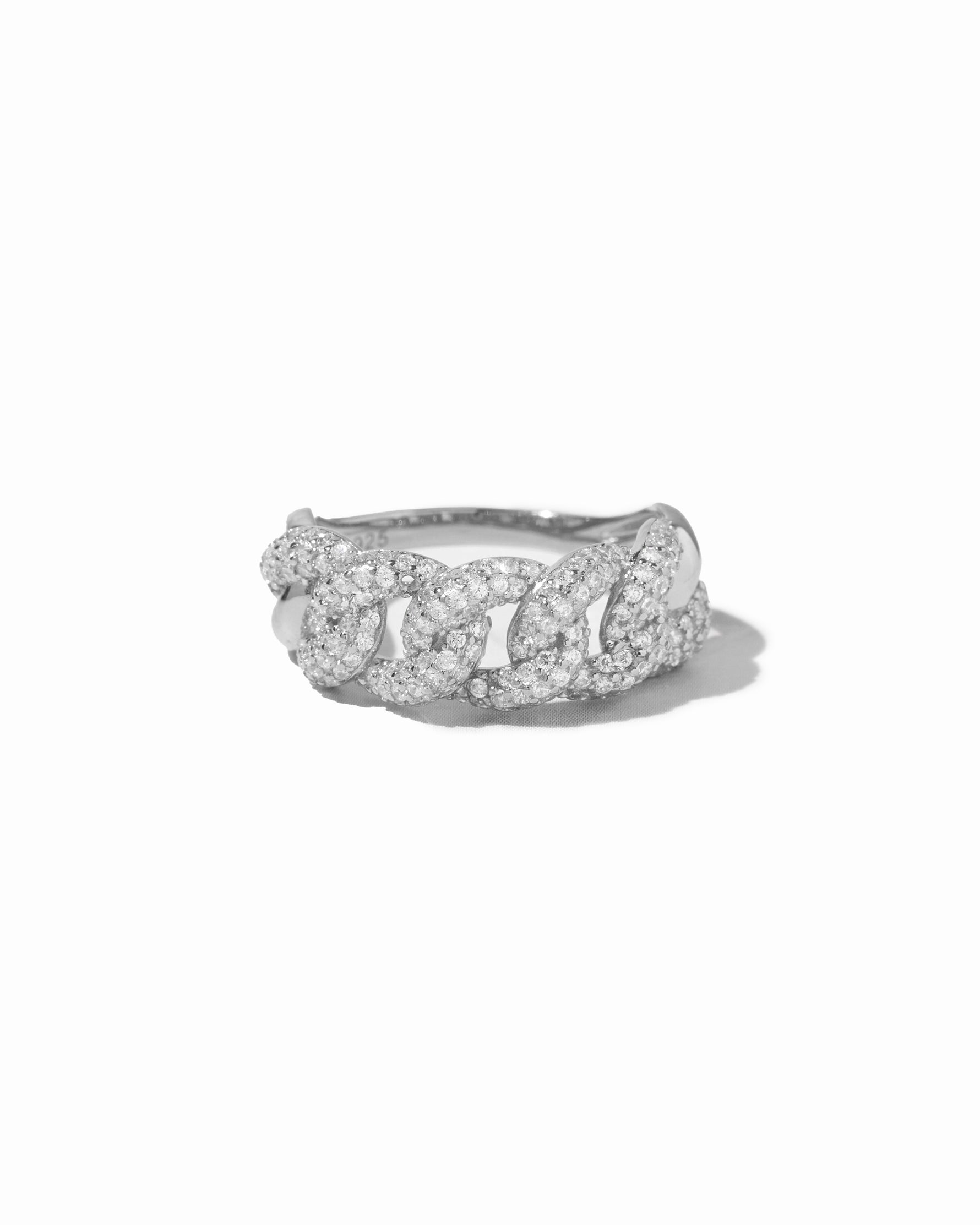 closeup image of chunky silver chain ring with pave cz stones