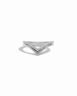Chevron ring set in sterling silver on white background. 