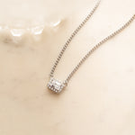 silver halo emerald cut necklace on cuban chain