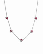 silver chain necklace with ruby flower birthstone charms 