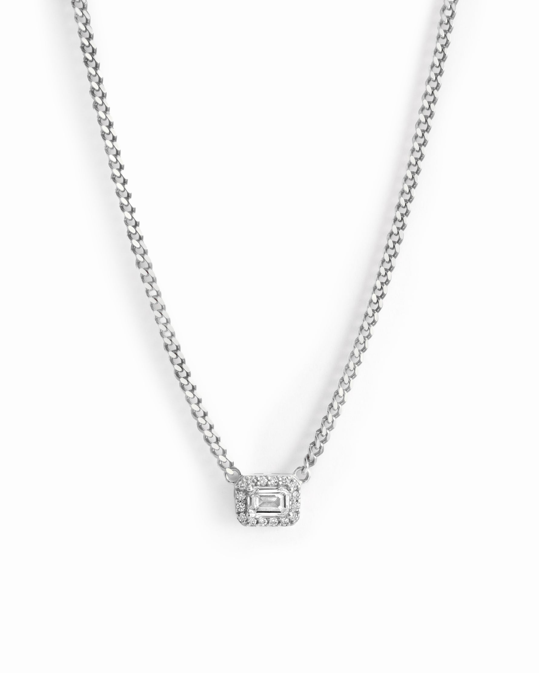 silver halo emerald cut necklace on cuban chain
