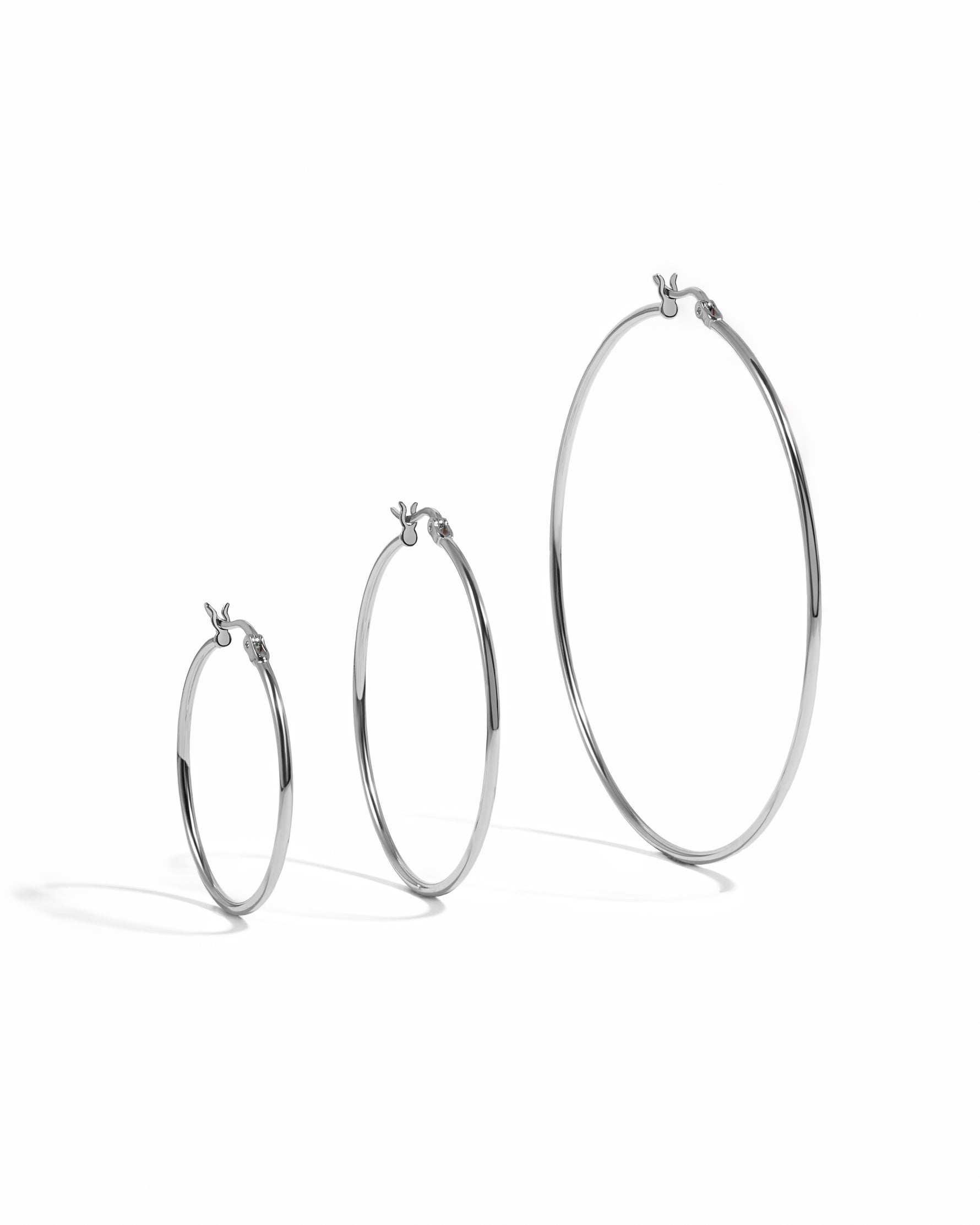 sterling silver classic hoop earrings in three different sizes, 30mm, 40mm, or 60mm