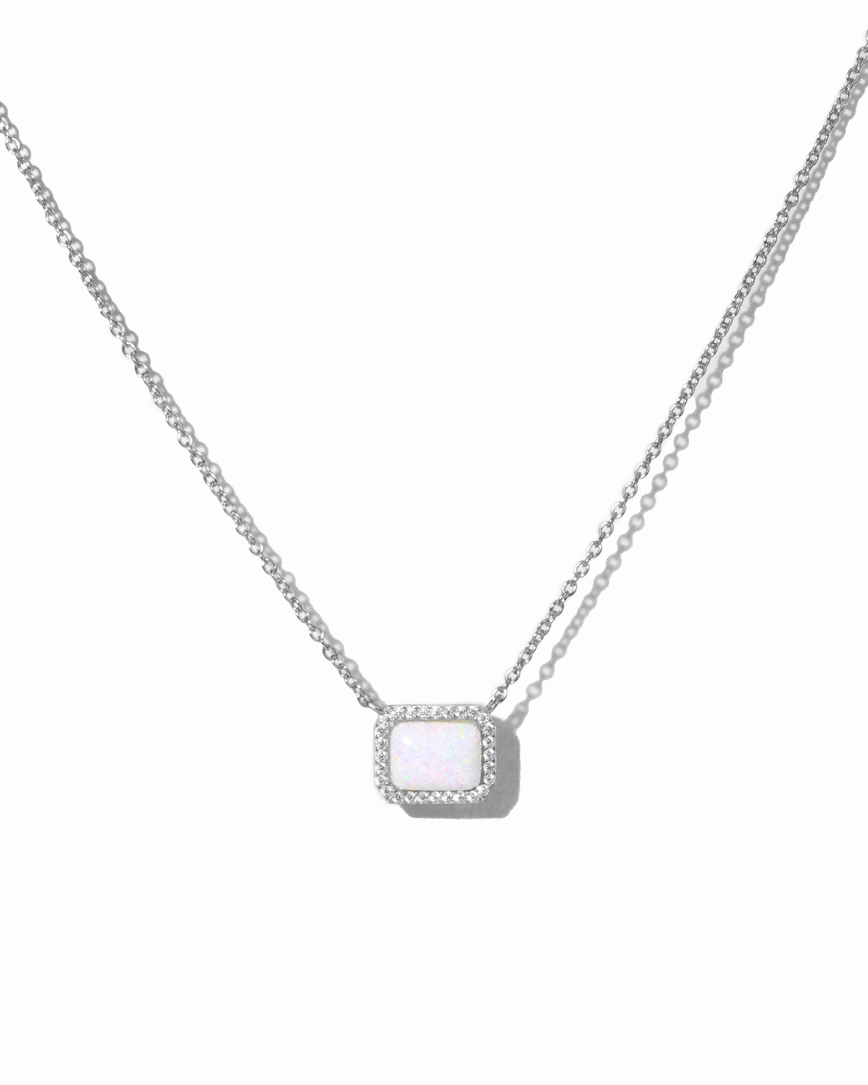 Silver rectangle opal pendant necklace 
