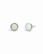 Pair of silver stud earrings with opal stones on a white background