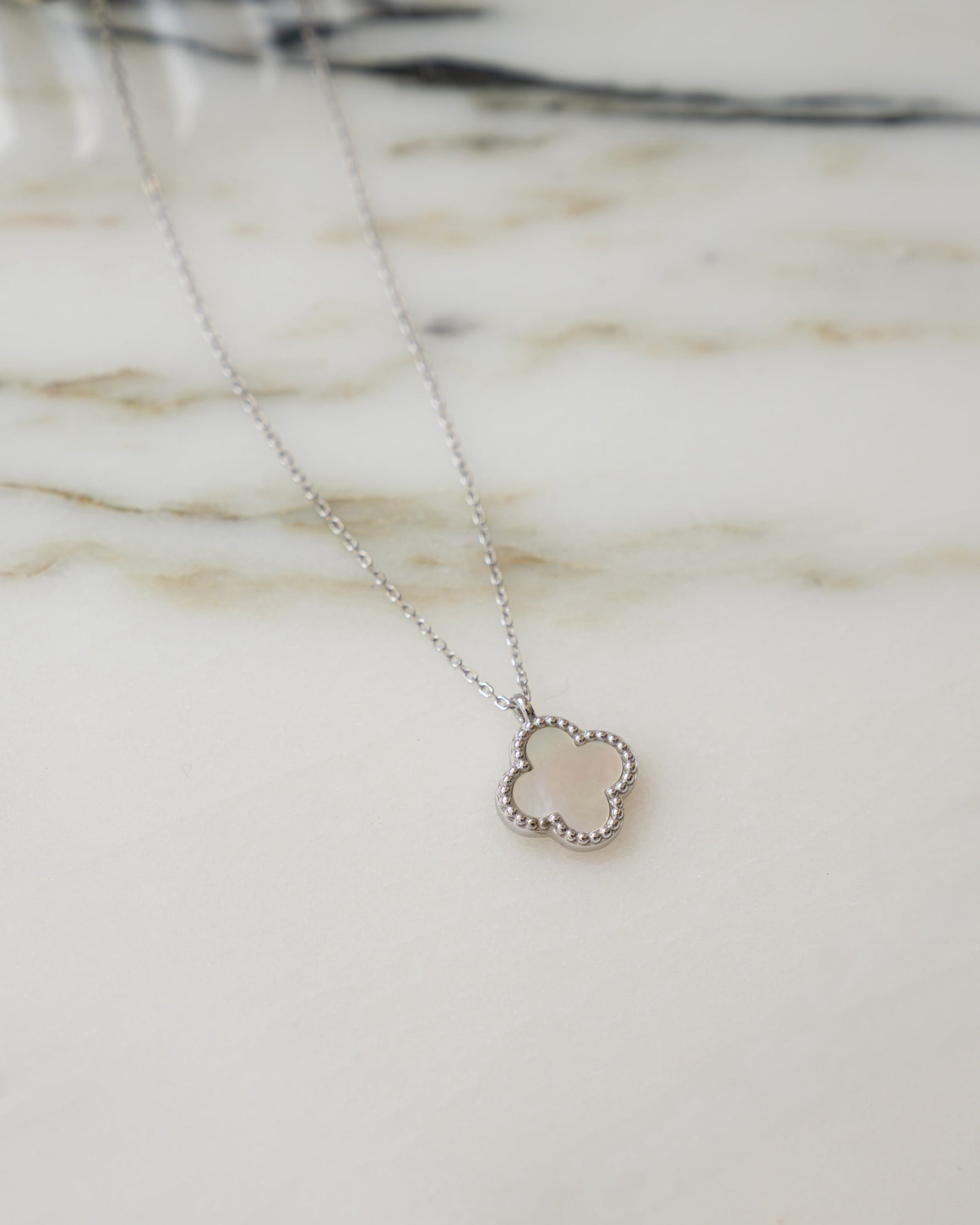 closeup image of silver chain pendant necklace with mother of pearl pendant