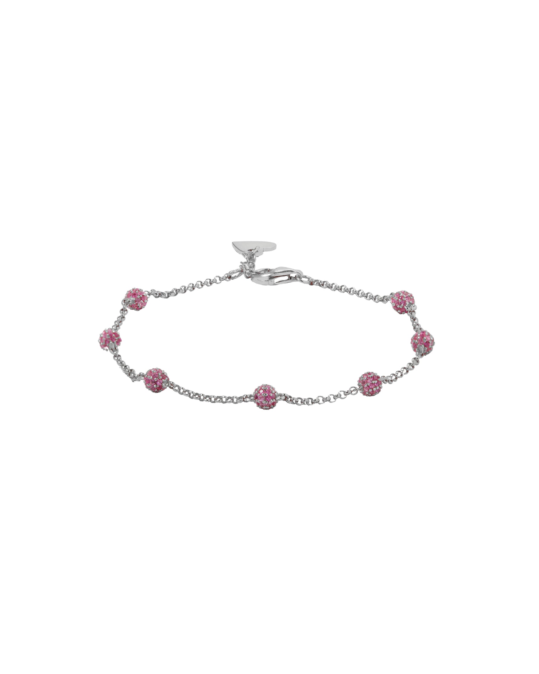 Silver bracelet with ruby beads on a white background