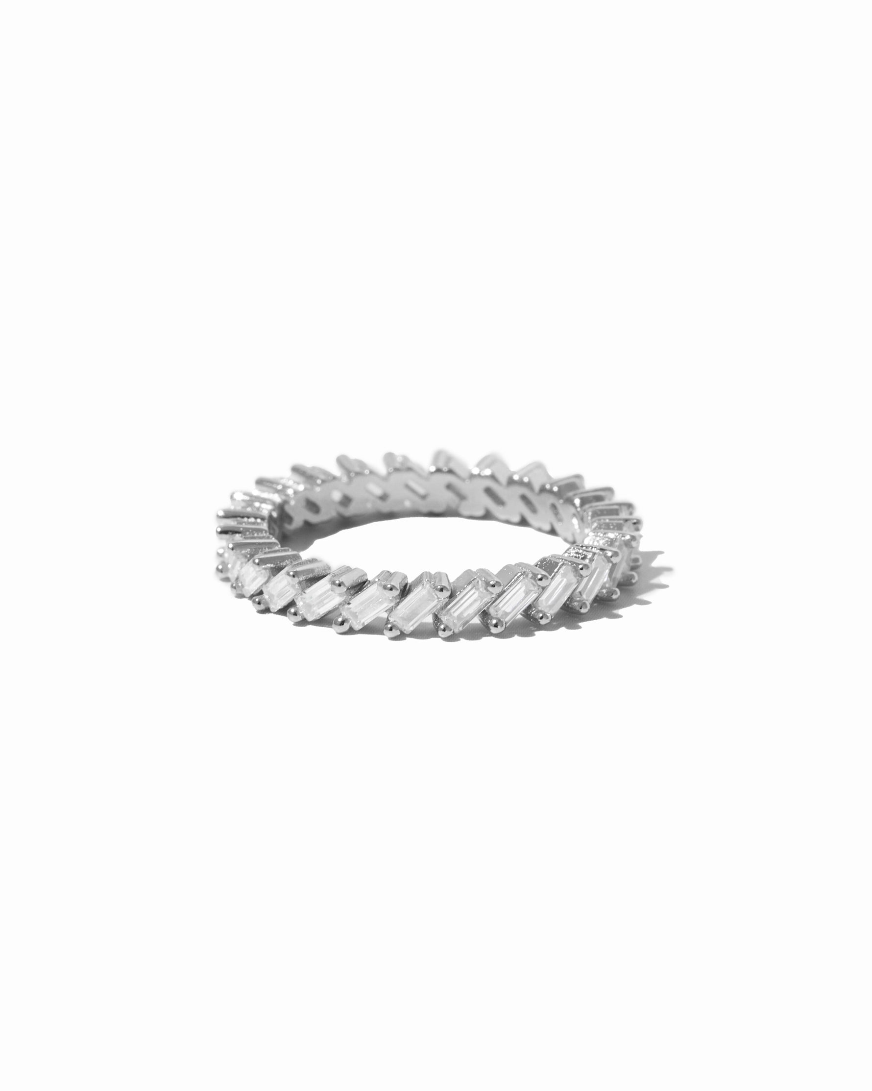 sterling silver slanted baguette eternity ring