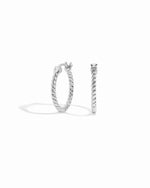 Closeup image of 925 sterling silver hoop earrings with spiral design