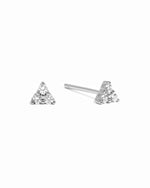 Pair of silver  triangle-shaped 3 stone stud earrings on a white background