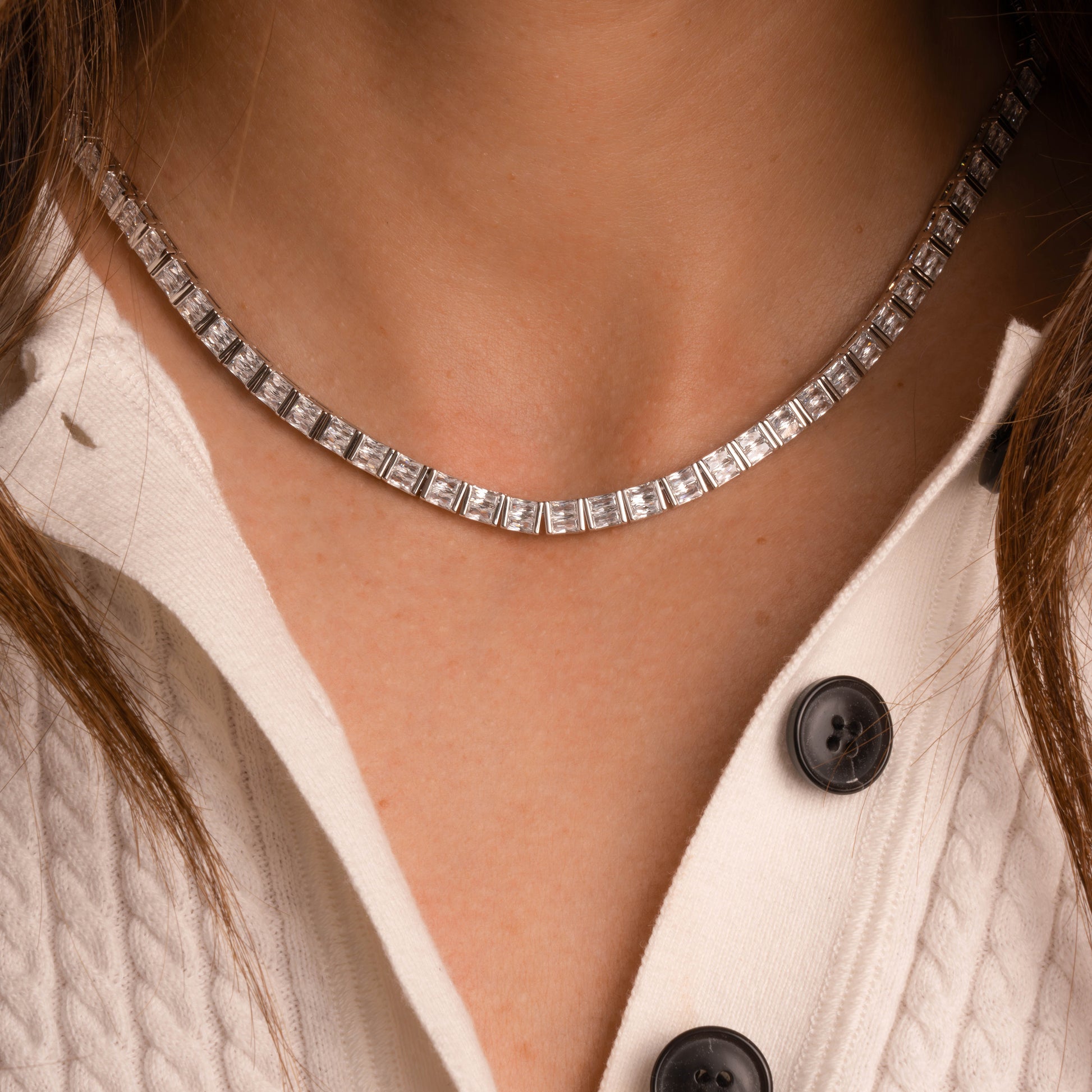 Silver Crystal Tennis Necklace with baguette-cut diamonds on model