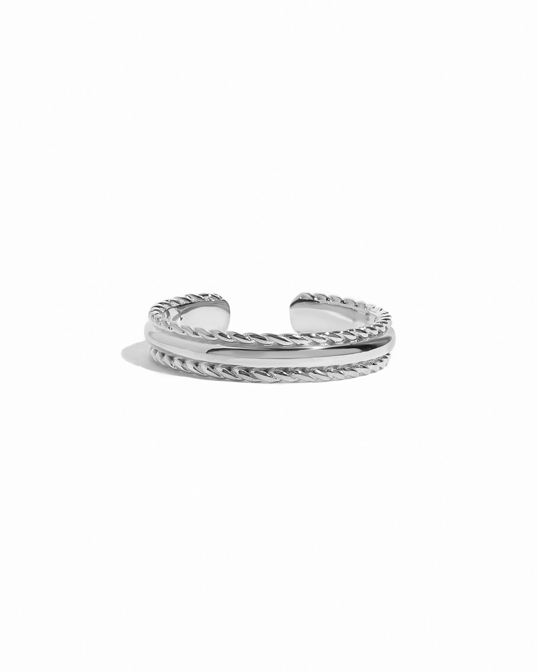 Silver open spiral toe ring on a white background