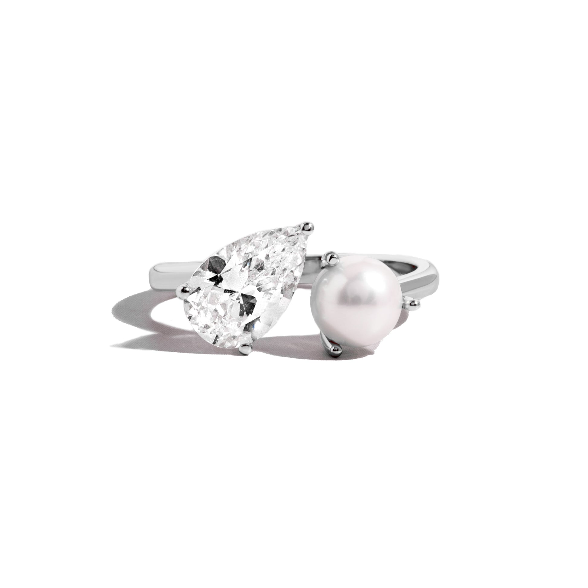 silver pear and pearl toi et moi ring