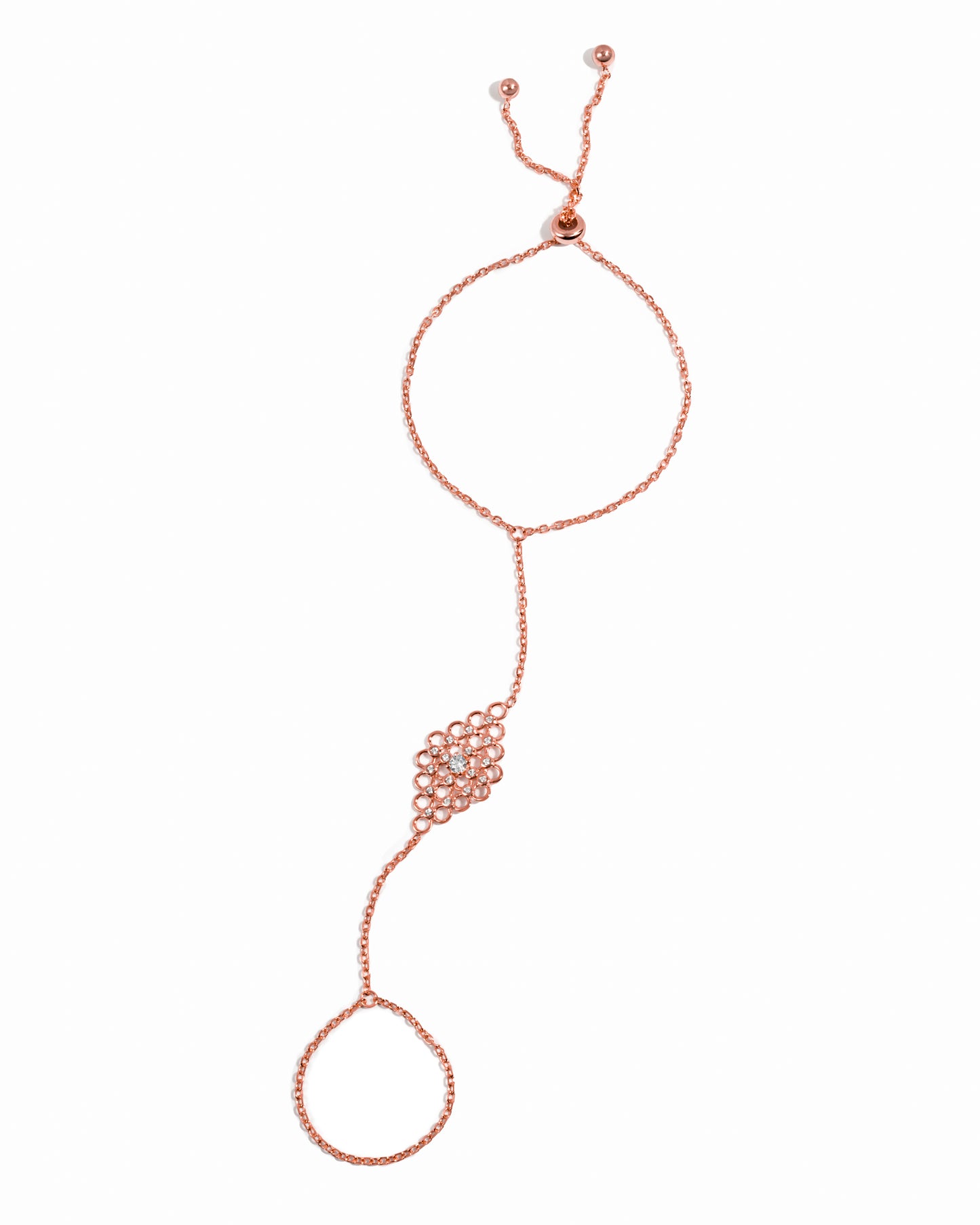 closeup image of rose gold hand chain bracelet