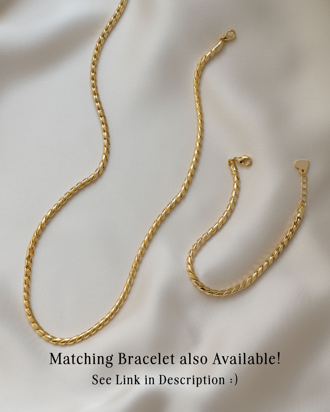 Matching gold chain bracelet and gold chunky chain necklace infographic