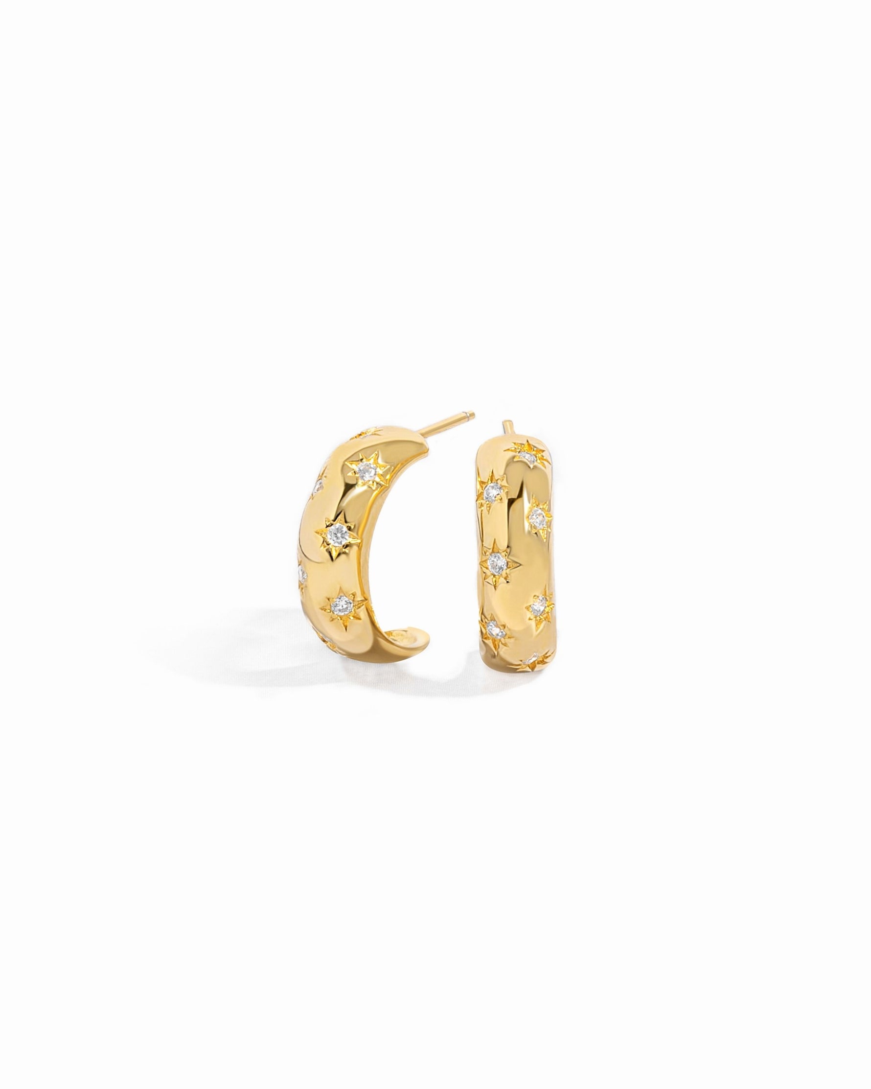 Closeup of celestial earrings with delicate details