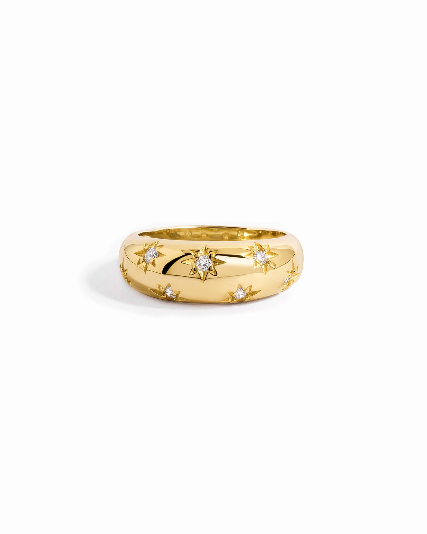 Closeup image of a gold dome ring with cubic zirconia stars