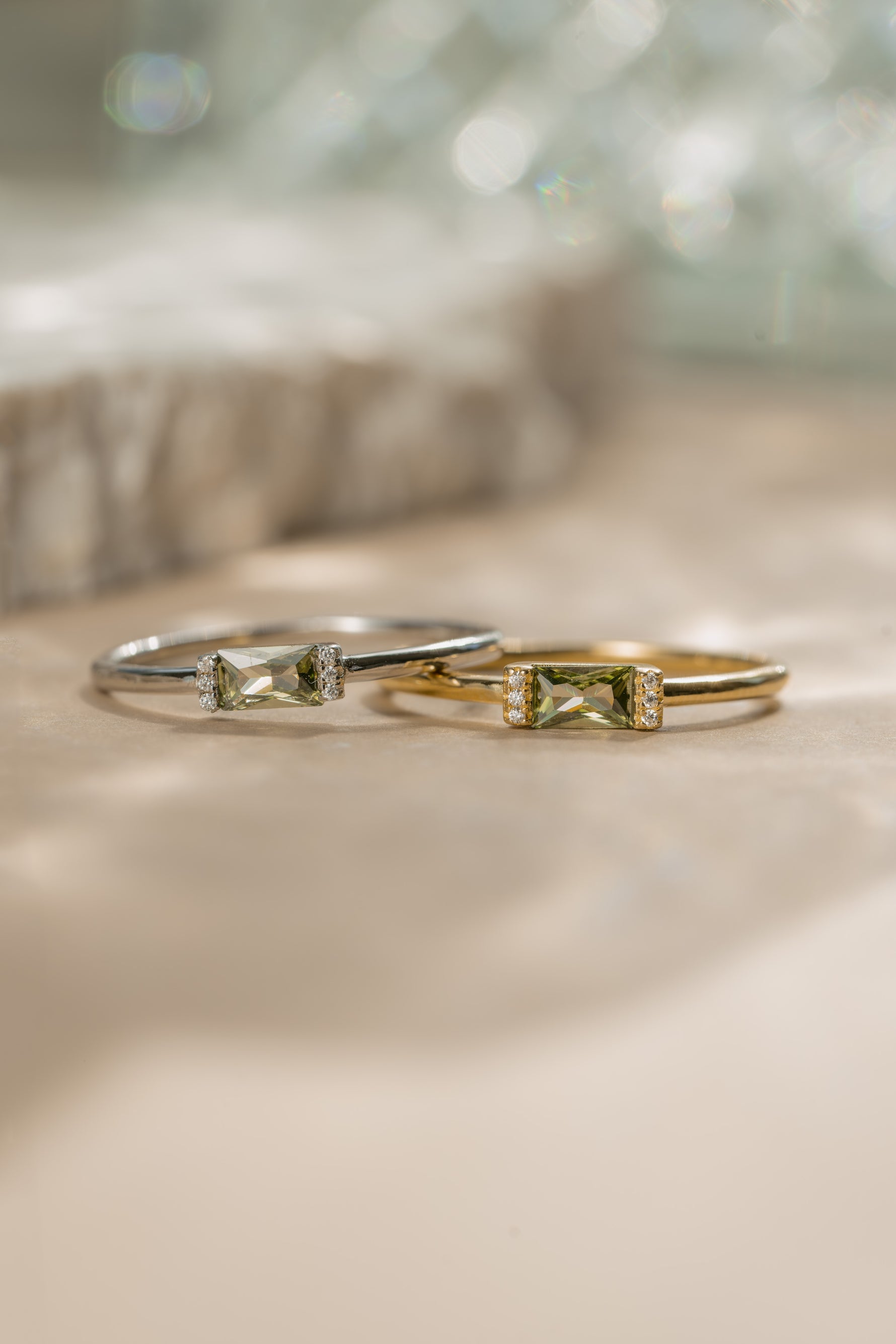 Sterling silver and gold peridot birthstone stackable rings