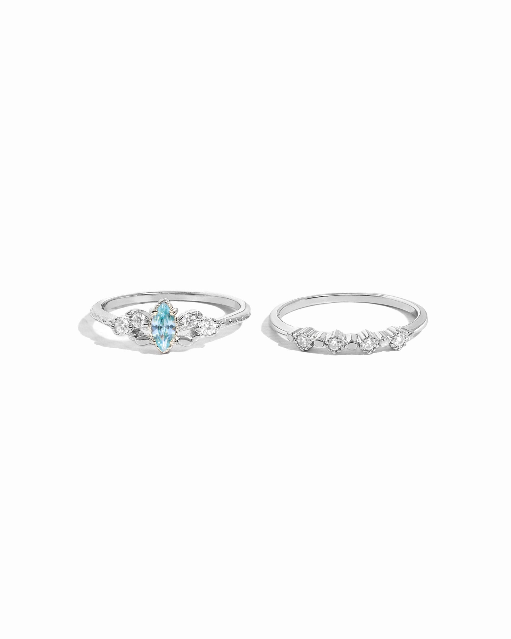 sterling silver aquamarine ring paired with thin stacking ring