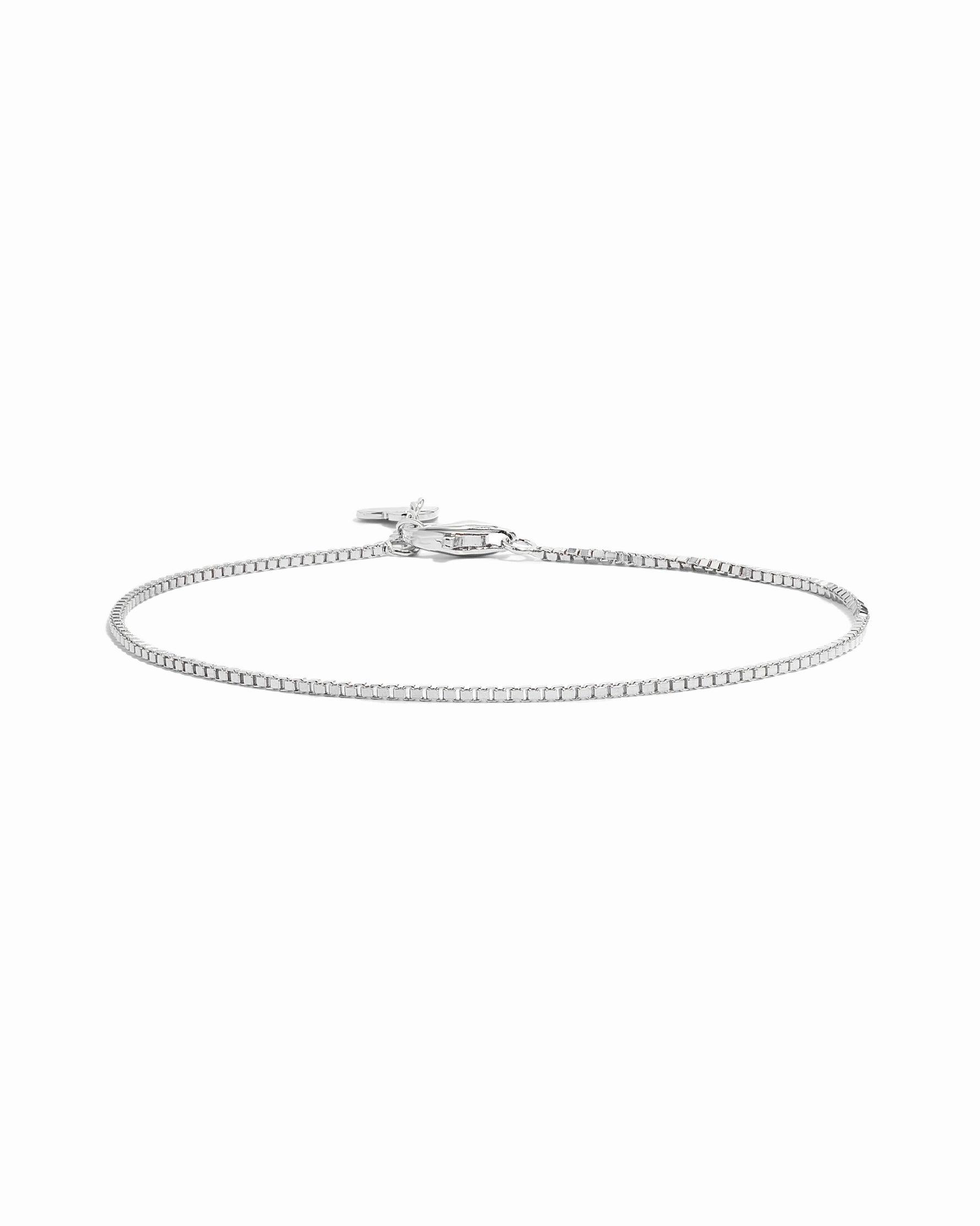 Sterling silver box chain bracelet on a white background