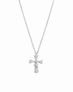 Sterling silver diamond cross necklace on a white background