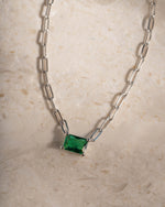 Silver dainty birthstone necklace with an emerald pendant