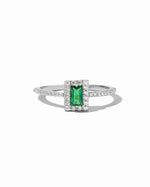 emerald cut halo ring in sterling silver with an emerald birthstone 
