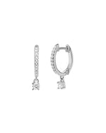 Pair of sterling silver hoop earrings with cubic zirconia gemstones on a white background