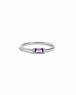 Sterling silver baguette light amethyst ring on a white background  