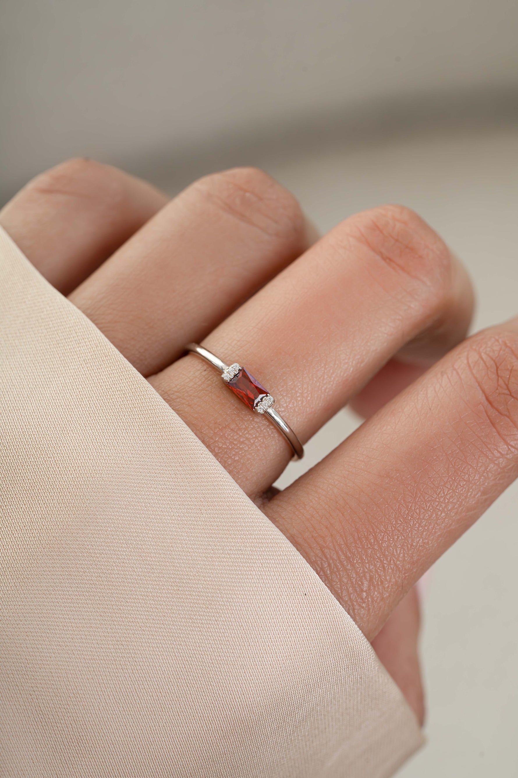 Sterling silver garnet gemstone ring on model