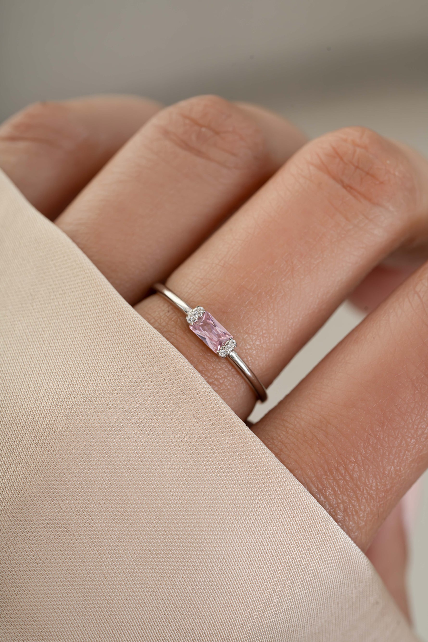 Sterling silver rose birthstone diamond stacking ring on model