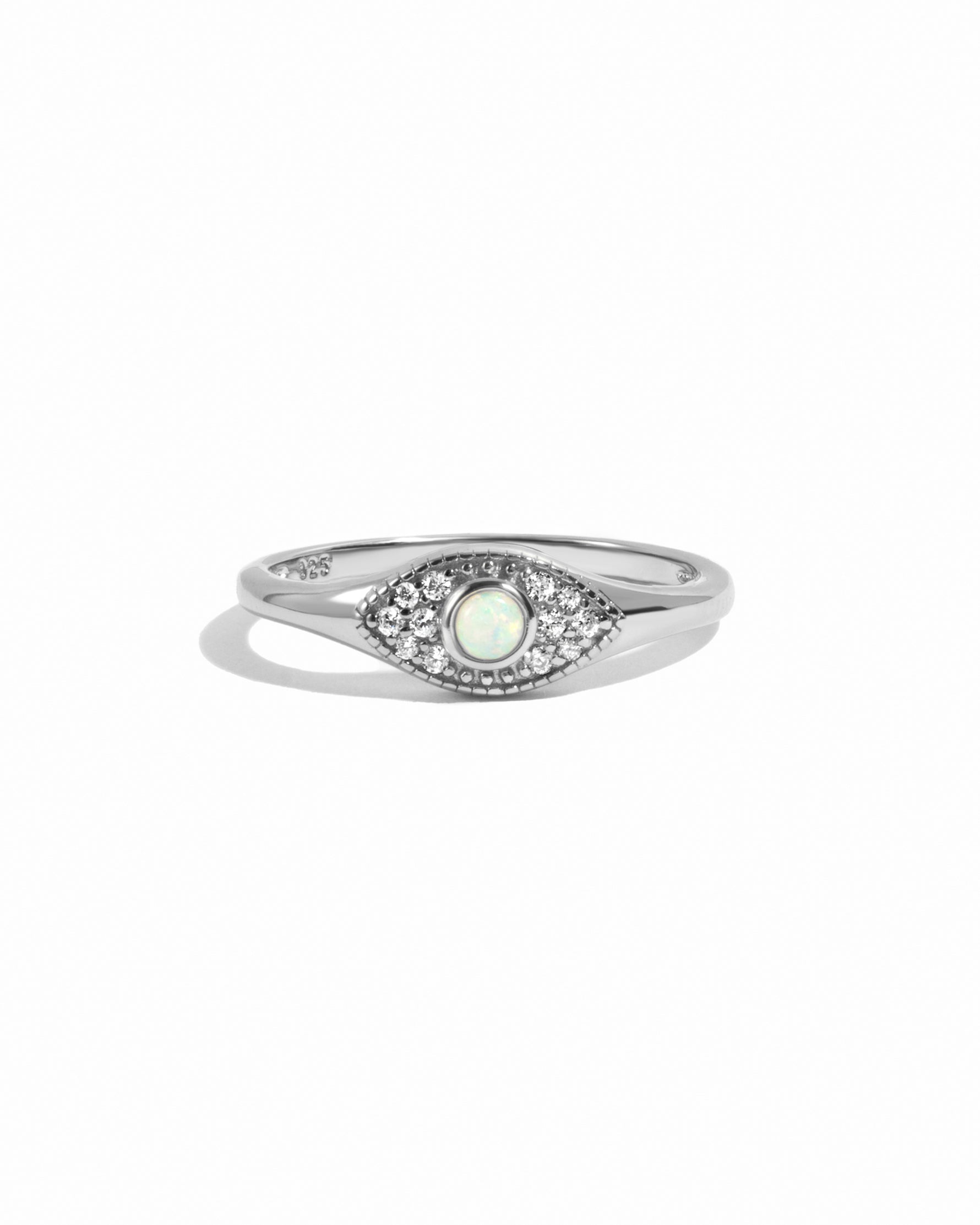 sterling silver evil eye ring with an opal gemstone
