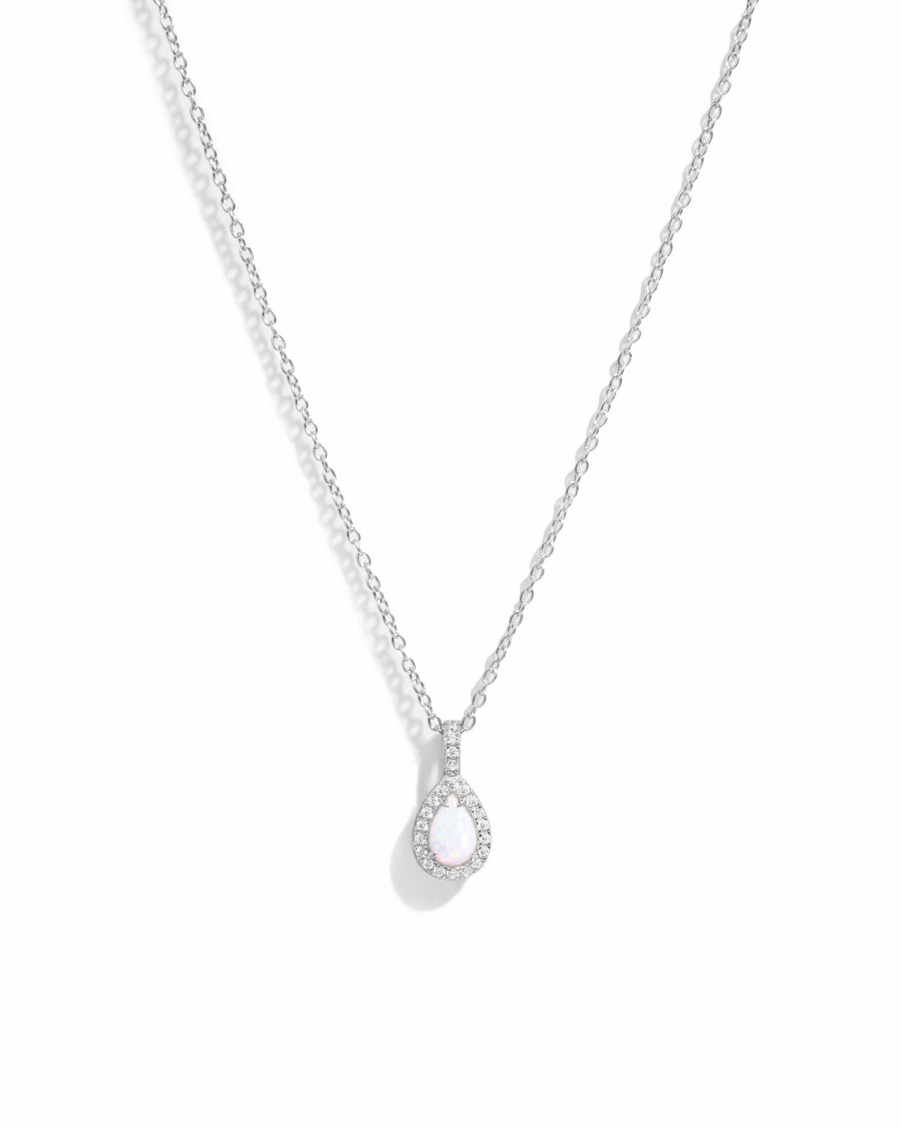 Silver tear drop birthstone opal pendant necklace. 