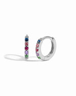 Silver hoop earrings with colorful gemstones on a white background