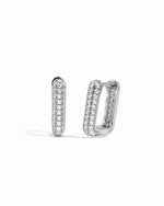 Sterling silver dainty pavé rectangle huggie earrings.
