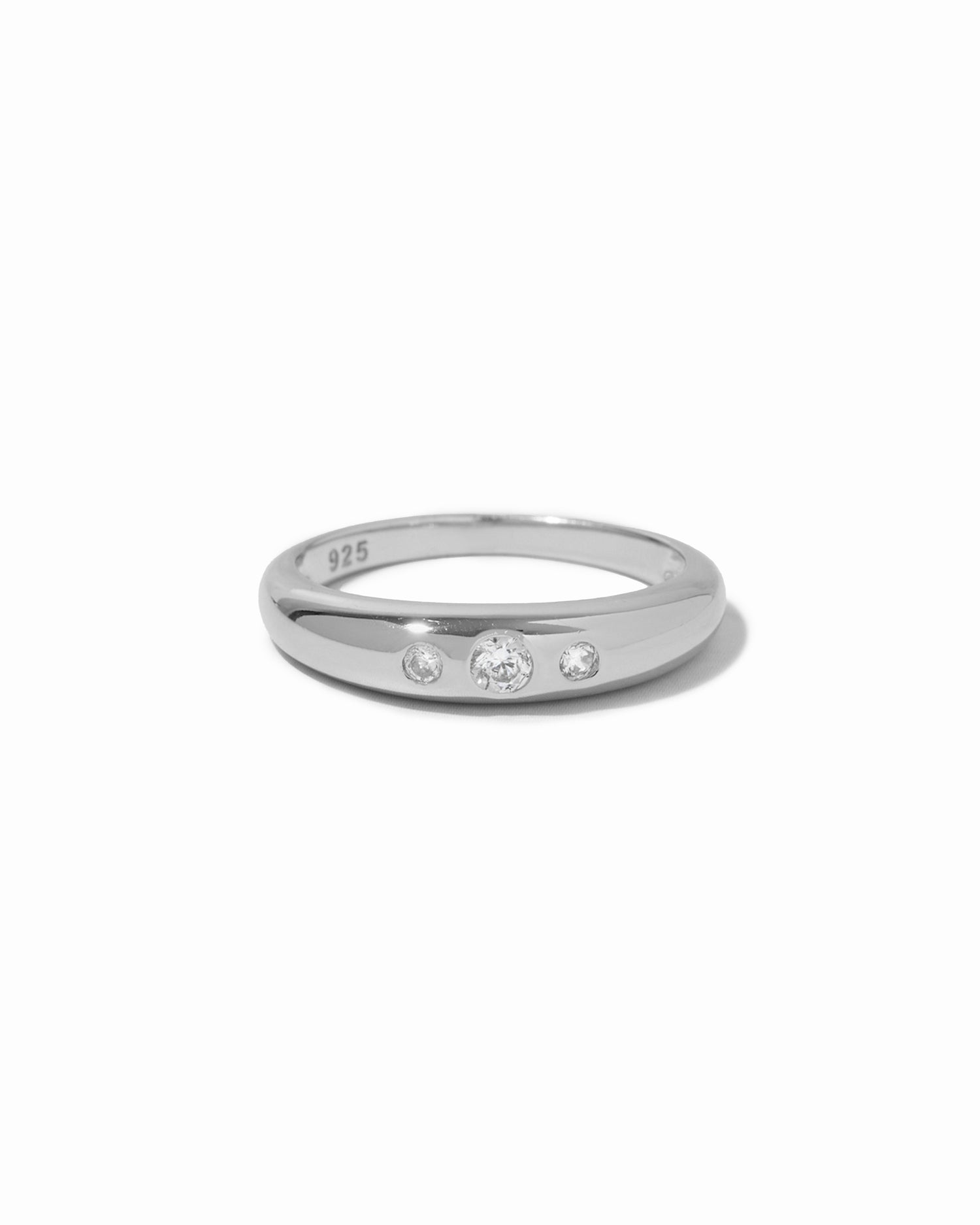 sterling silver 3 stone bezel diamond dome ring