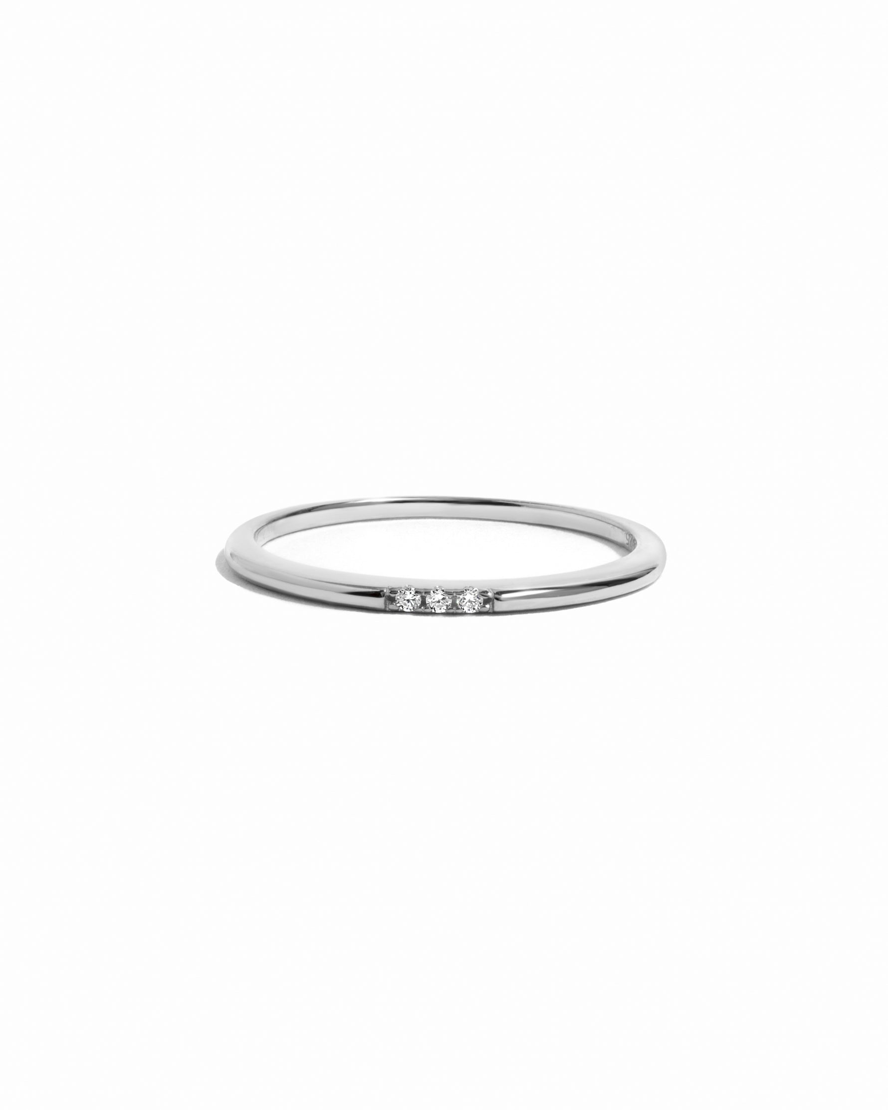 Silver ring with small diamonds on a white background