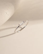 closeup image of simple baguette stone on a sterling silver band
